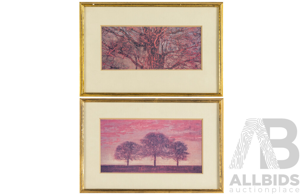 Joichi Hoshi (20th Century, Japanese, 1913-1979), Trunk & Branches and Three Trees in the Red Sky, Pair of Vintage Prints After Original Woodblocks, 21H x 31W cm (frames) (2)