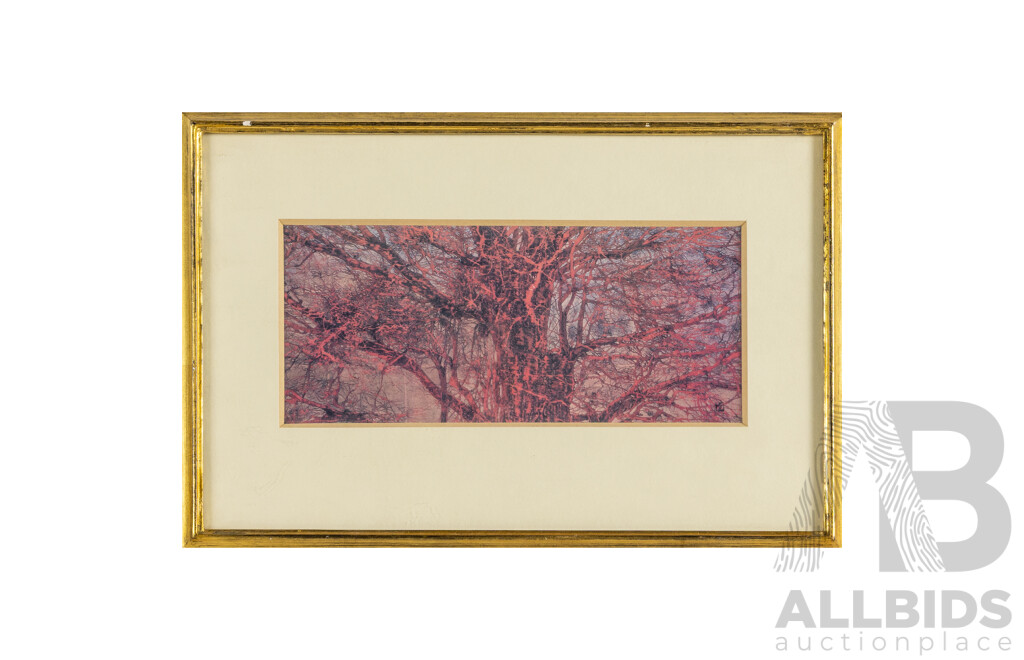 Joichi Hoshi (20th Century, Japanese, 1913-1979), Trunk & Branches and Three Trees in the Red Sky, Pair of Vintage Prints After Original Woodblocks, 21H x 31W cm (frames) (2)