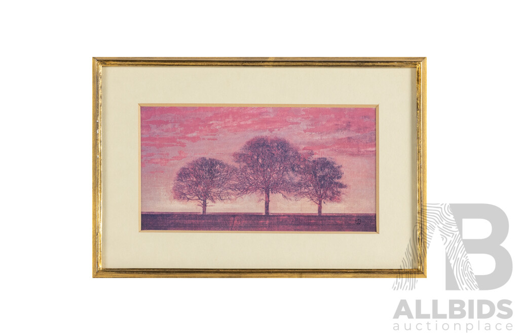 Joichi Hoshi (20th Century, Japanese, 1913-1979), Trunk & Branches and Three Trees in the Red Sky, Pair of Vintage Prints After Original Woodblocks, 21H x 31W cm (frames) (2)