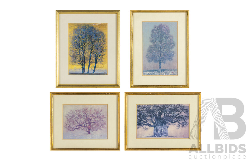 Joichi Hoshi (20th Century, Japanese, 1913-1979), Winter Day(A), Autumn Light, Tree of the Kings & Morning, Four Vintage Prints After Original Wood Blocks, 22H x 27W cm (largest Frame) (4)