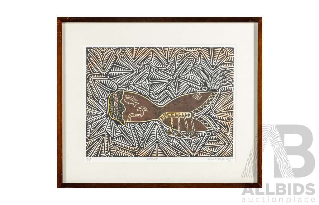 Billy Missi (20th Century, Indigenous-Australian, 1970-2012), Warup (2007) Original Linocut Print,