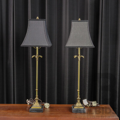 Pair of Fluted Brass Table Lamps with Marble Bases