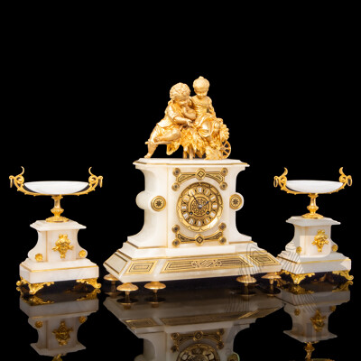 Louis XVI Style White Marble Ormolu-Mounted Mantle Clock with Garniture
