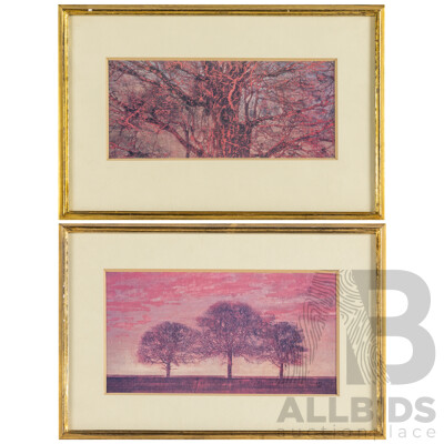 Joichi Hoshi (20th Century, Japanese, 1913-1979), Trunk & Branches and Three Trees in the Red Sky, Pair of Vintage Prints After Original Woodblocks, 21H x 31W cm (frames) (2)