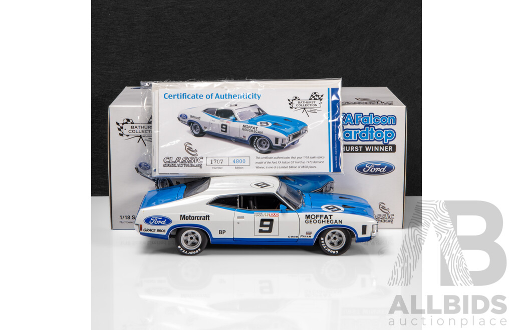 Classic Carlectables 1973 Ford XA Falcon GT Hardtop Bathurst Winner Moffat & Geoghegan #9 White (18225) 1:18 Scale Model Car