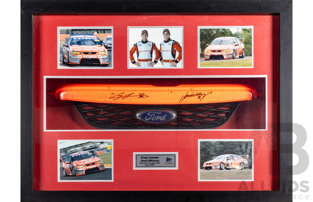 Framed Triple Eight Racing Craig Lowndes and Jamie Whincup Signed Race Used Front Bonnet Grill
