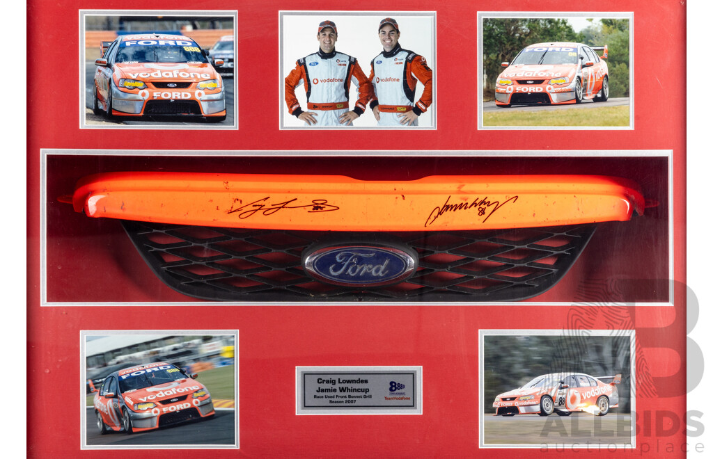 Framed Triple Eight Racing Craig Lowndes and Jamie Whincup Signed Race Used Front Bonnet Grill