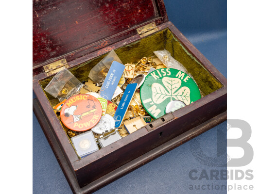 Antique Victorian Trinket Box with Large Collection of Assorted Vintage Pins & Badges