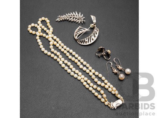 Vintage Sterling Silver Marcasite Pearl Earrings & Brooch