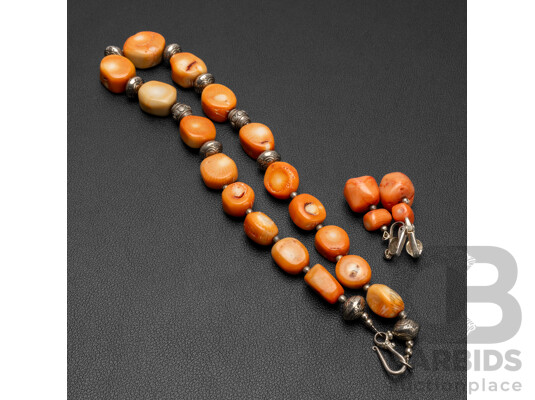 Vintage Silver Native American Graduated Coral Necklace & Earrings