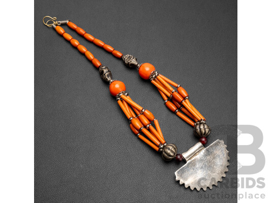 Vintage Silver Moroccan Berber Ethnic Tribal Necklace with Tubular Coral Beads