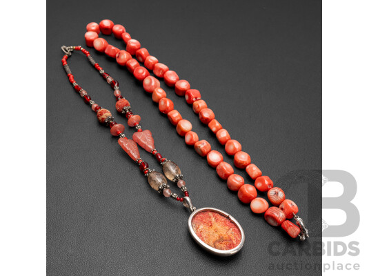 Vintage (2) Red Coral & Natural Gemstone Beaded Statement Necklaces