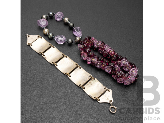 Vintage Spanish Travel Bracelet, Venetian Glass Bracelet & Amethyst Cultured Pearl Bracelet