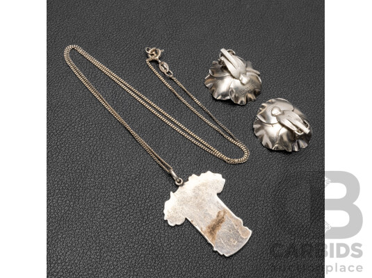 Art Nouveau Revival Byzantine Pendant Necklace & Complimenting Scandia Clip on Flower Earrings, Sterling Silver, 16.16 Grams