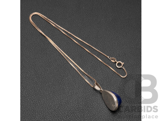 Vintage Sterling Silver Lapis Lazuli Cabochon Pendant & Chain, as New, 5.98 Grams