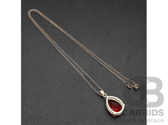 Sterling Silver Red Cubic Zirconia Drop Pendant on Fine Rope Twist Chain, 50cm, 4.74 Grams