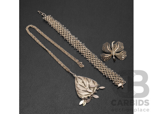 Vintage Sterling Silver Mid-century Etruscan Revival Bracelet, Fine Filigree Pendant & Brooch, 27.87 Grams
