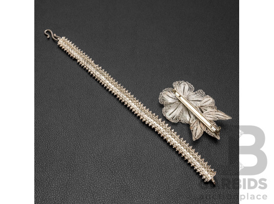 Mid Century Etruscan Revival Sterling Silver Bracelet & Fine Filigree Floral Brooch, 27.62 Grams