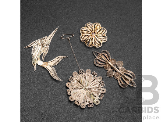 Collection of (4) Mid Century Fine Filigree Sterling Silver Brooches, 37.89 Grams