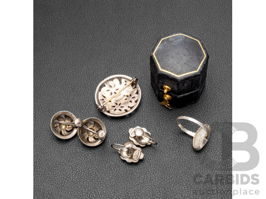 Vintage Sterling Silver Ring in Original Box, Floral Brooch & (2) Clip on Earrings, Hallmarks, 20.06 Grams