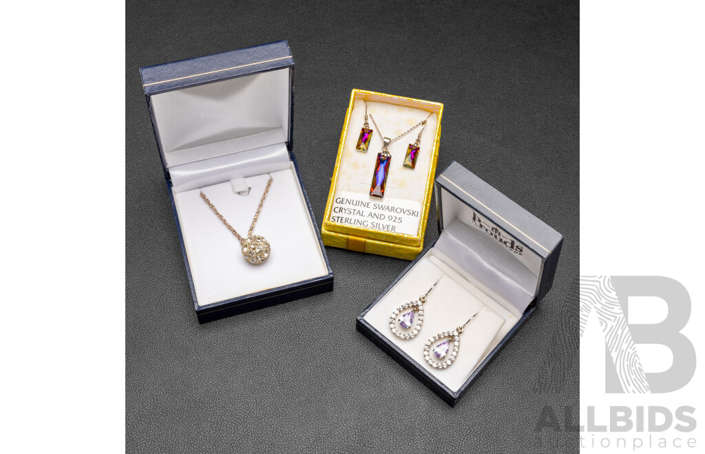 Swarovski Crystal Sterling Silver Set, Ball Pendant & Chain, Drop Earrings