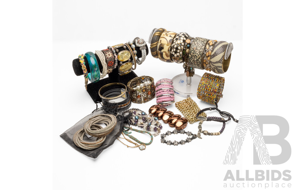 Large Collection of Vintage Costume Bangles & Bracelets on T-Bar Display Stands