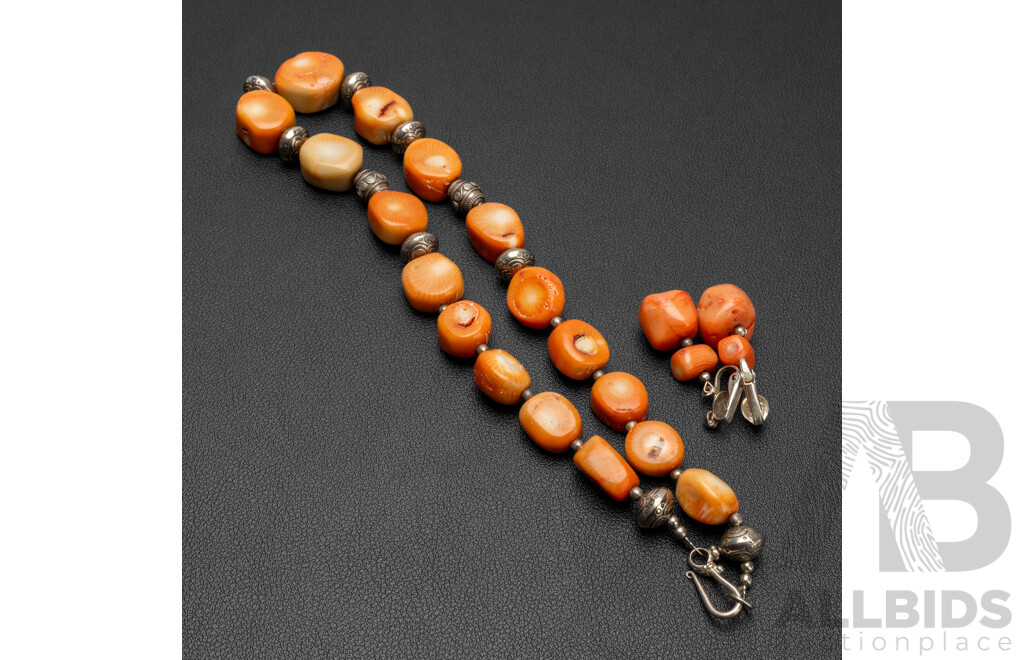 Vintage Silver Native American Graduated Coral Necklace & Earrings
