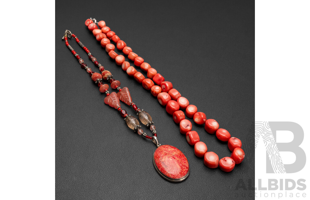 Vintage (2) Red Coral & Natural Gemstone Beaded Statement Necklaces