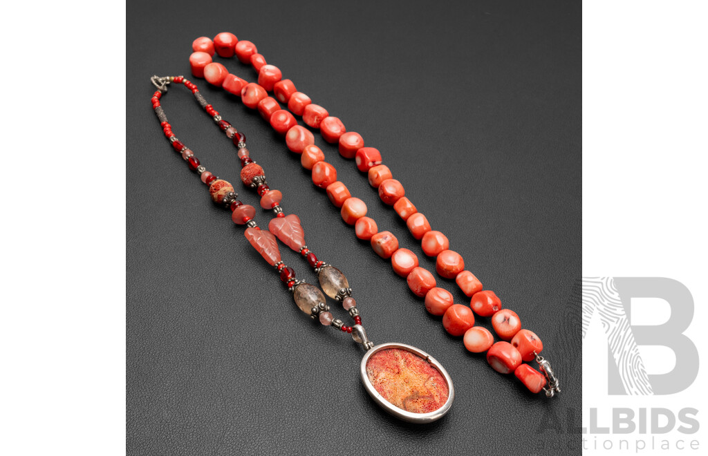 Vintage (2) Red Coral & Natural Gemstone Beaded Statement Necklaces