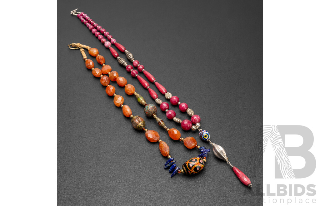 Vintage (2) Statement Necklaces with Natural Gemstone Beads & Murano Glass