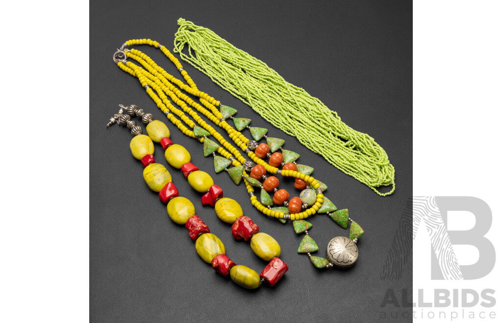 Vintage (3) Beaded Statement Necklaces with Silver & Natural Gemstone Beads