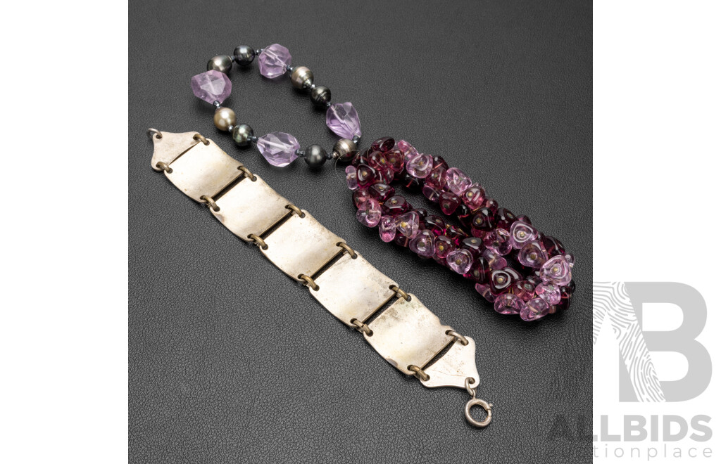 Vintage Spanish Travel Bracelet, Venetian Glass Bracelet & Amethyst Cultured Pearl Bracelet