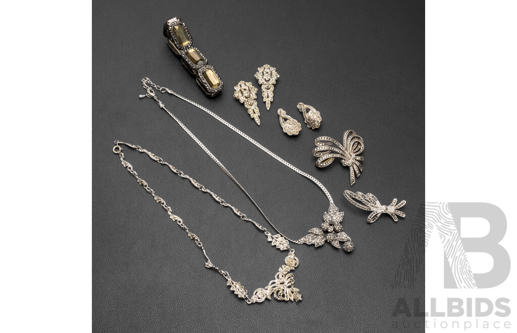 Collection of Vintage Marcasite Jewellery Items - Necklaces, Brooches, Earrings