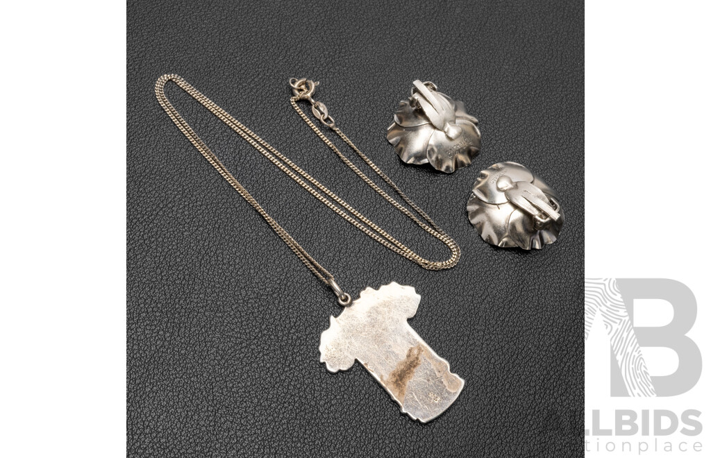 Art Nouveau Revival Byzantine Pendant Necklace & Complimenting Scandia Clip on Flower Earrings, Sterling Silver, 16.16 Grams