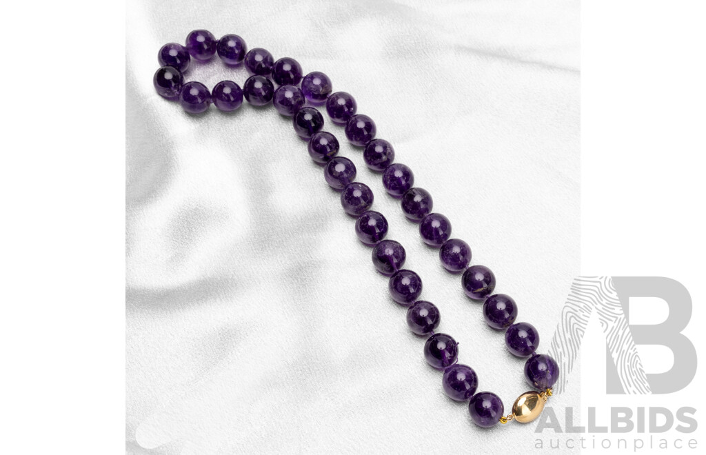 14ct Natural Amethyst Beaded Necklace, 16mm, 40cm, Hallmarked