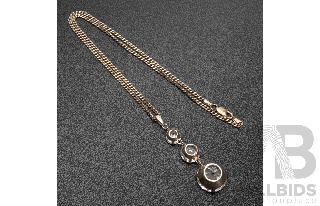 Vintage Sterling Silver Graduating Three Stone Crystal Pendant & Necklace, 14.50 Grams,