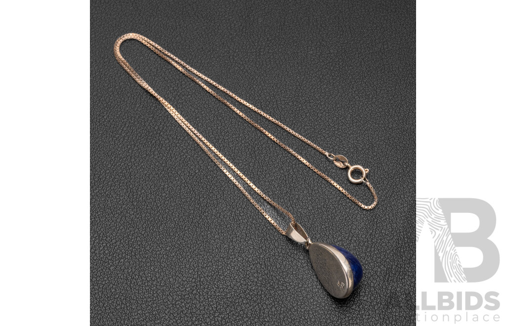 Vintage Sterling Silver Lapis Lazuli Cabochon Pendant & Chain, as New, 5.98 Grams