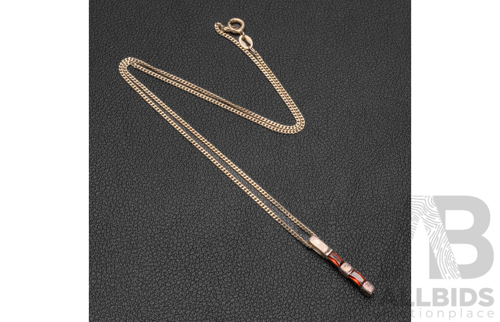 Vintage Sterling Silver Garnet Bar Pendant & Curb Link Necklace, 40cm, 3.58 Grams