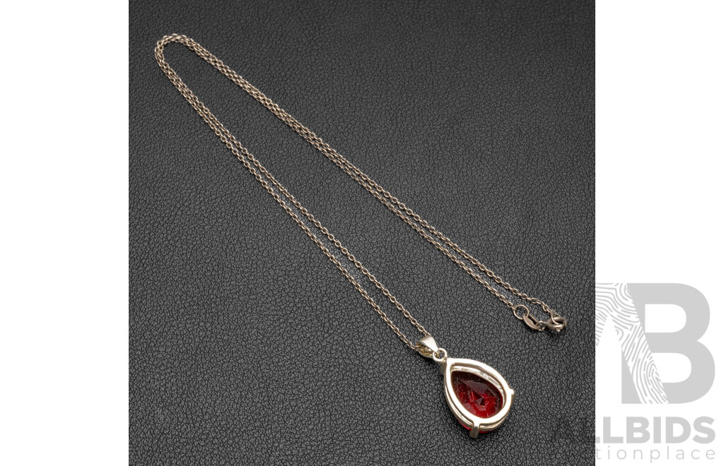 Sterling Silver Red Cubic Zirconia Drop Pendant on Fine Rope Twist Chain, 50cm, 4.74 Grams