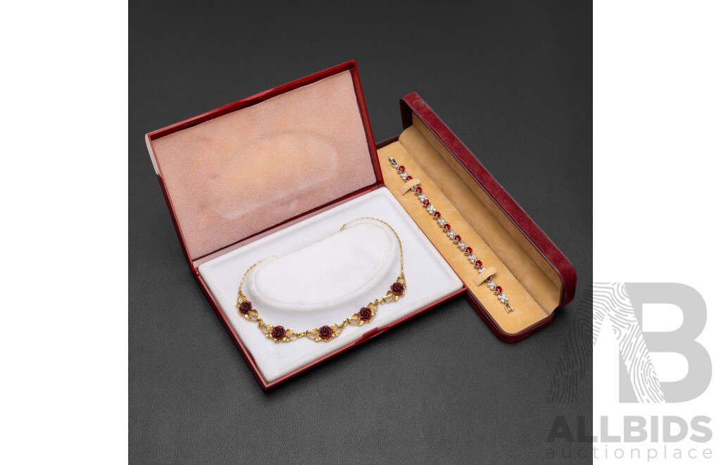 Vintage Gold Tone French Rose Necklace & Silvertone Gemstone Bracelet, Both in Original Presentation Boxes