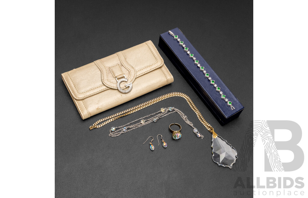 Collection of Vintage Crystal Jewellery, Silvertone Gemstone Bracelet & Guess Purse