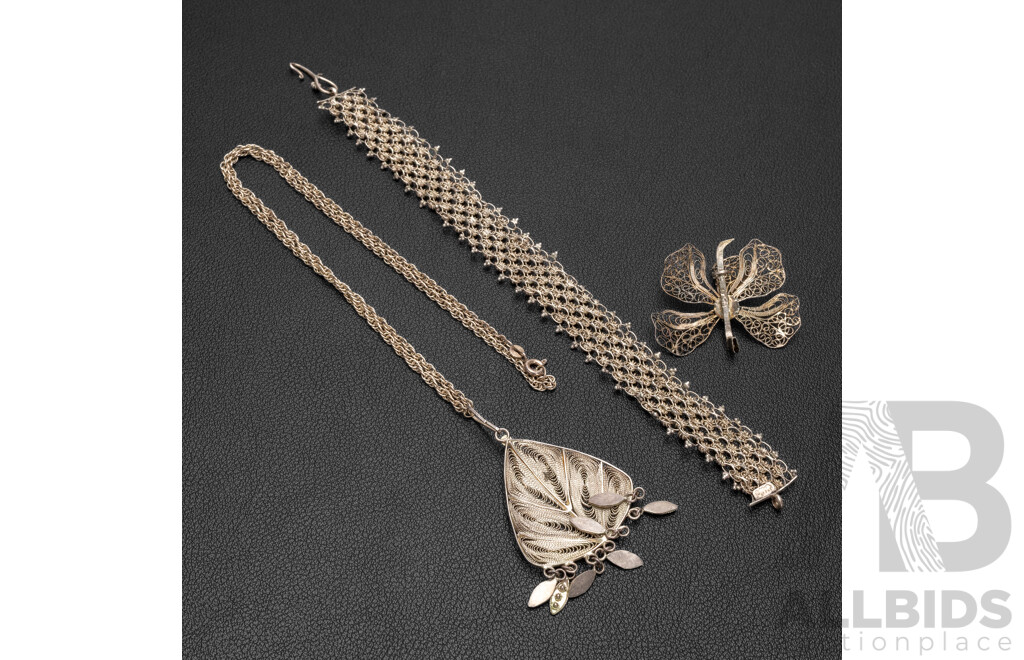 Vintage Sterling Silver Mid-century Etruscan Revival Bracelet, Fine Filigree Pendant & Brooch, 27.87 Grams