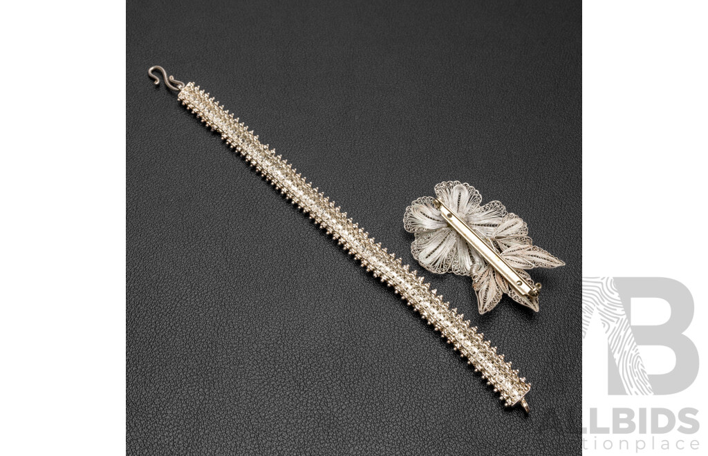 Mid Century Etruscan Revival Sterling Silver Bracelet & Fine Filigree Floral Brooch, 27.62 Grams