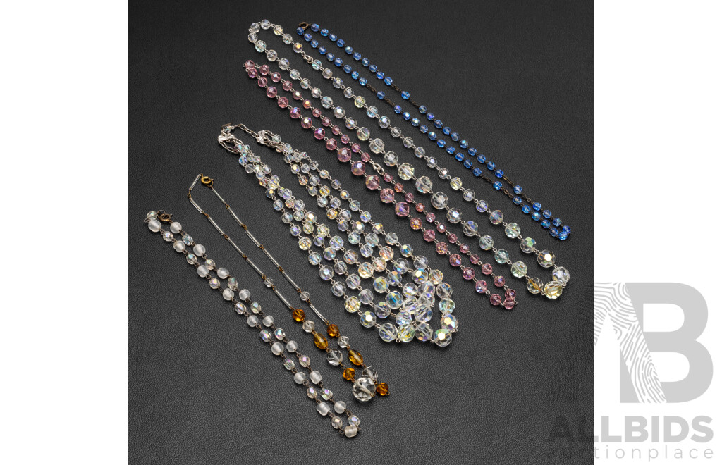 Collection of Aurora Borealis Vintage Crystal Beaded Necklaces, 38cm-55cm in Length