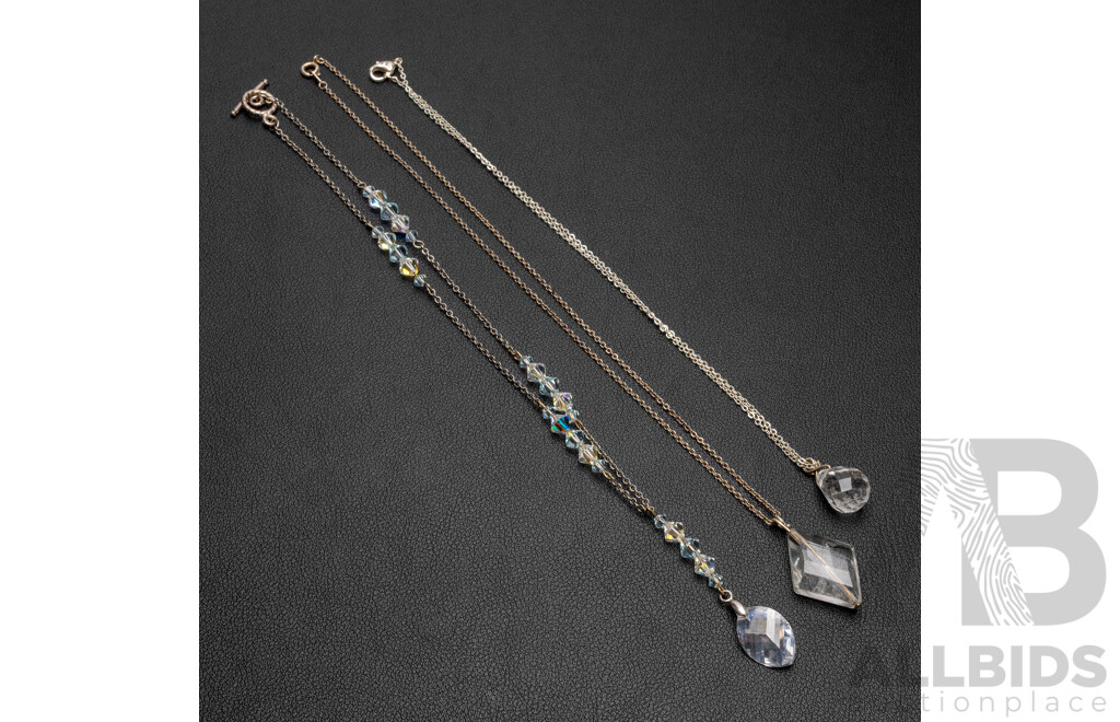 Sterling Silver Vintage Y Shaped Drop Crystal Necklace & (2) Other Faceted Crystal Drop Pendant Necklaces