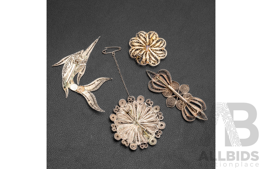 Collection of (4) Mid Century Fine Filigree Sterling Silver Brooches, 37.89 Grams
