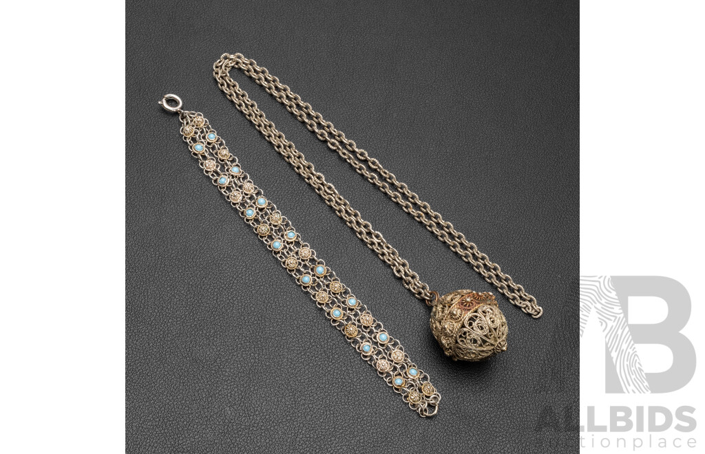 Silver Vintage Etruscan Revival Style Chain Mail Bracelet with Turquoise & Caged Pendant Necklace, 35.47 Grams