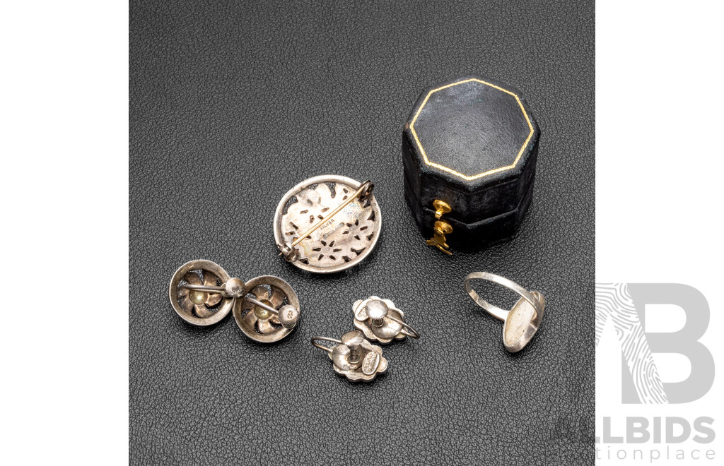 Vintage Sterling Silver Ring in Original Box, Floral Brooch & (2) Clip on Earrings, Hallmarks, 20.06 Grams