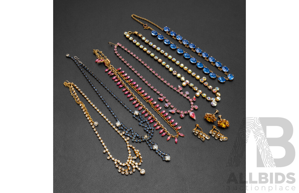 Collection of Vintage Coloured Rhinestone Necklaces & Screw Back Clip on Earrings