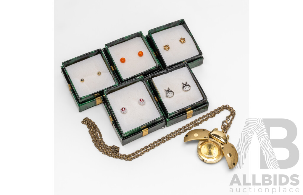 Ladybird ‘Teen Time’ Vintage Watch Pendant & (5) Gift Boxed Pairs of Stud Earrings